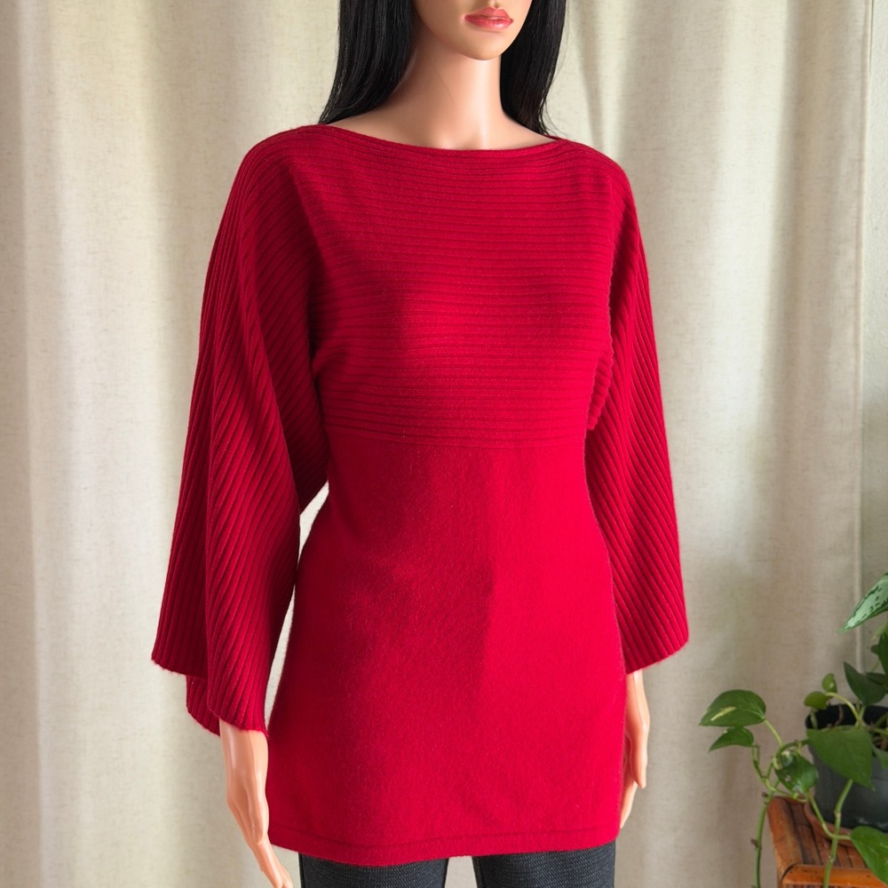 Red 100% Cashmere Sweater Ribbed Dolman Sleeve Boat Neck M Holiday Anne Klein
